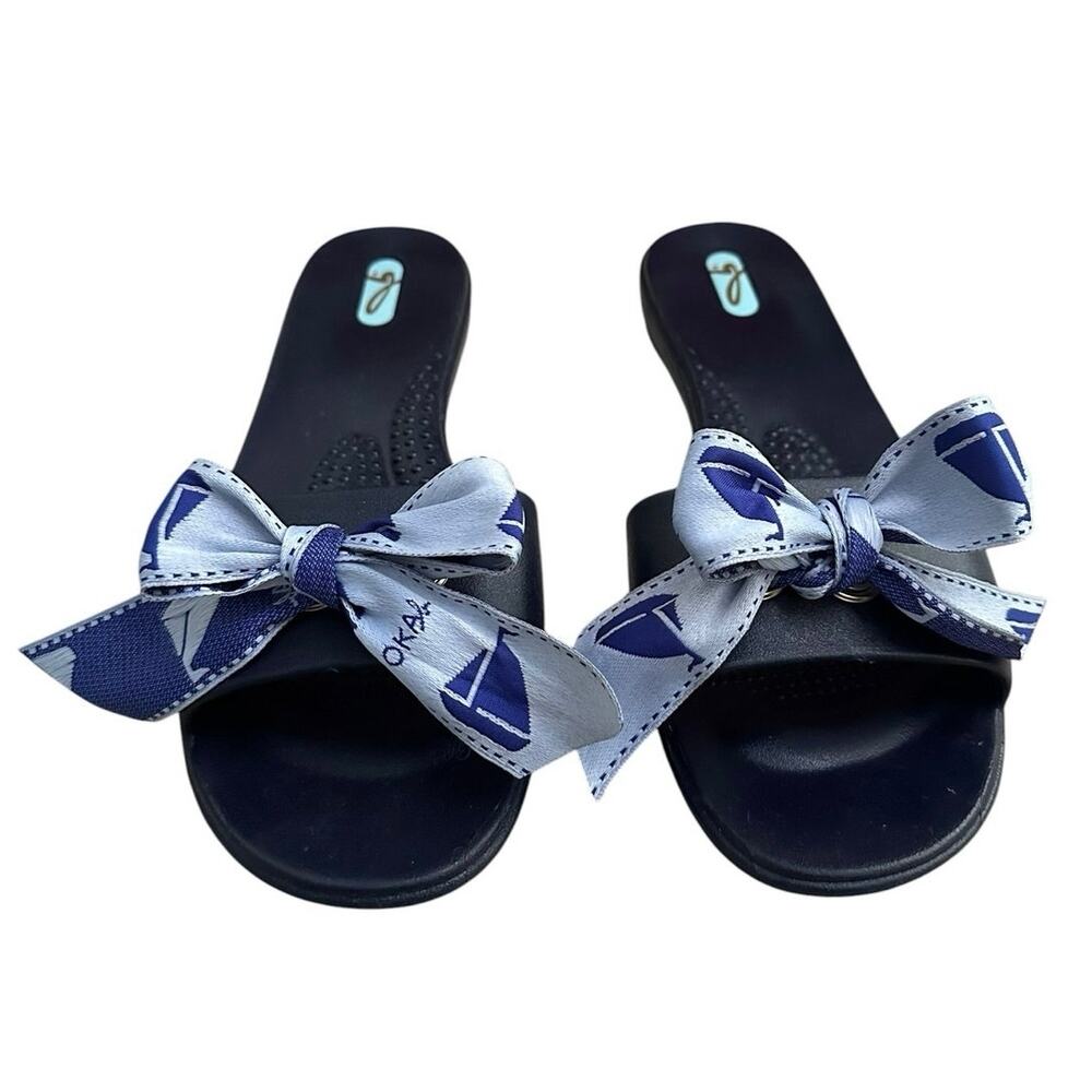 Oka-B Navy Comfort Slide Sandals Blue Sailboat Bow Women Size L (10-11) Made USA